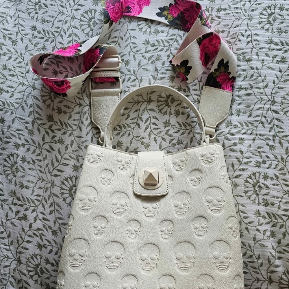Betsey Johnson Cream Skull Embossed Crossbody Bag with Pink Floral Strap